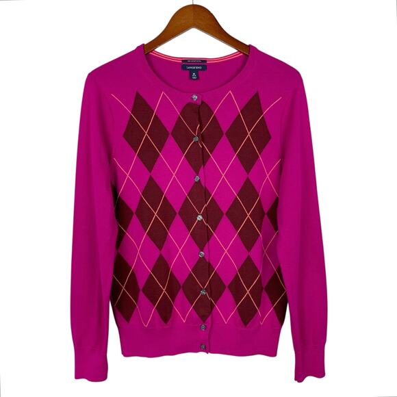 Lands End Argyle Cardigan Sweater Pink Button Front Supima Cotton Womens M 10 12 - Picture 1 of 7